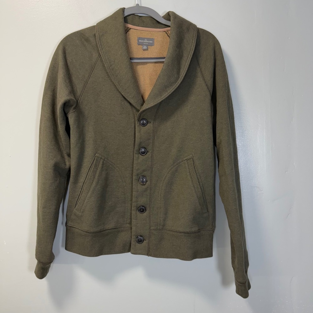 LL Bean Signature Slim Fit Shawl Collar Mens Cardigan Olive Green S 297520